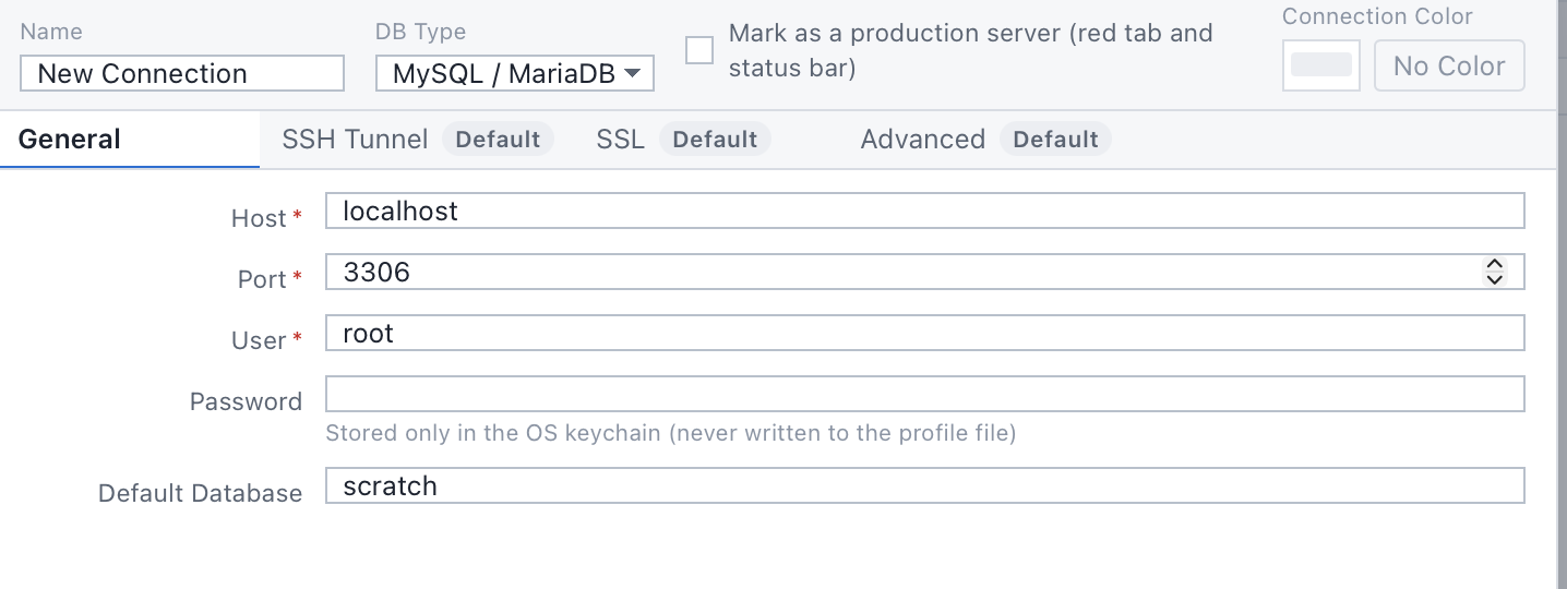 새 연결 화면의 General, SSH Tunnel, SSL 탭과 Host, Port, User, Password 입력 칸.