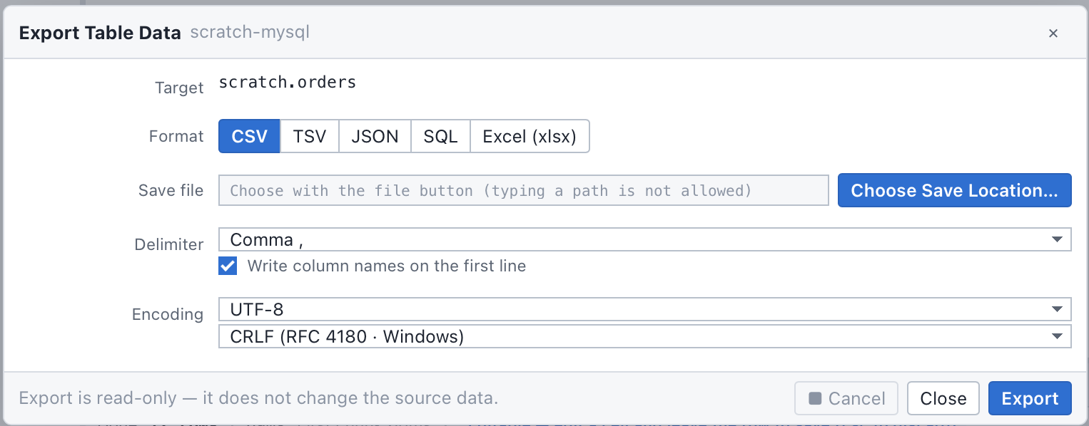 “Export Table Data — scratch-mysql” 대화상자. Target 은 scratch.orders 이고, Format 줄에 CSV · TSV · JSON · SQL · Excel (xlsx) 다섯 개가 나란히 서 있다.