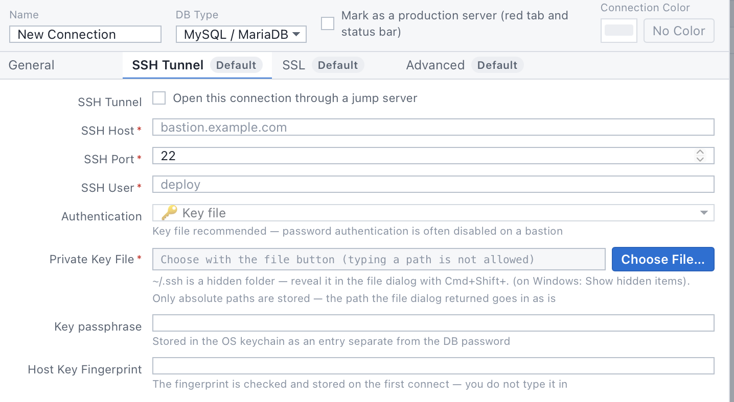 연결 폼의 SSH Tunnel 탭. “Open this connection through a jump server” 체크박스, SSH Host bastion.example.com, SSH Port 22, SSH User deploy, Authentication “Key file”, Private Key File 선택 버튼, Key passphrase, Host Key Fingerprint 칸과 각각의 설명 줄.
